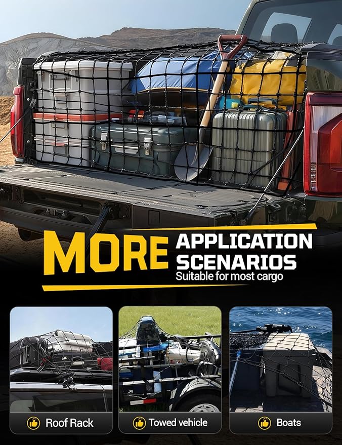 Cargo Net for Pickup Truck Bed - Stretchable 4' x 6' to 8' x 12' with 4" x 4" Mesh, Heavy Duty 10mm Cord Bungee Bed Netting with 12 Metal Carabiners - Ideal for ATV, SUV, UTV and Truck