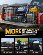 Cargo Net for Pickup Truck Bed - Stretchable 5' x 7' to 10' x 14' with 4" x 4" Mesh, Heavy Duty 10mm Cord Bungee Bed Netting with 12 Metal Carabiners - Ideal for ATV, SUV, UTV and Truck