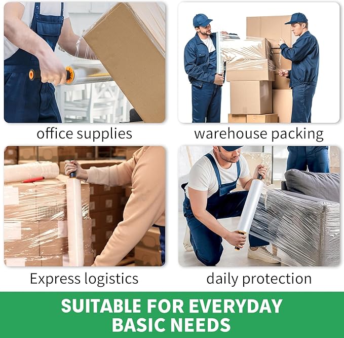 Stretch Film, HERKKA Stretch Wrap with Handles Industrial Strength, Moving Wrapping Plastic Roll, Shrink Wrap for Pallet Wrap, 15" x 1000 Feet, 4 Pack, 60 Gauge