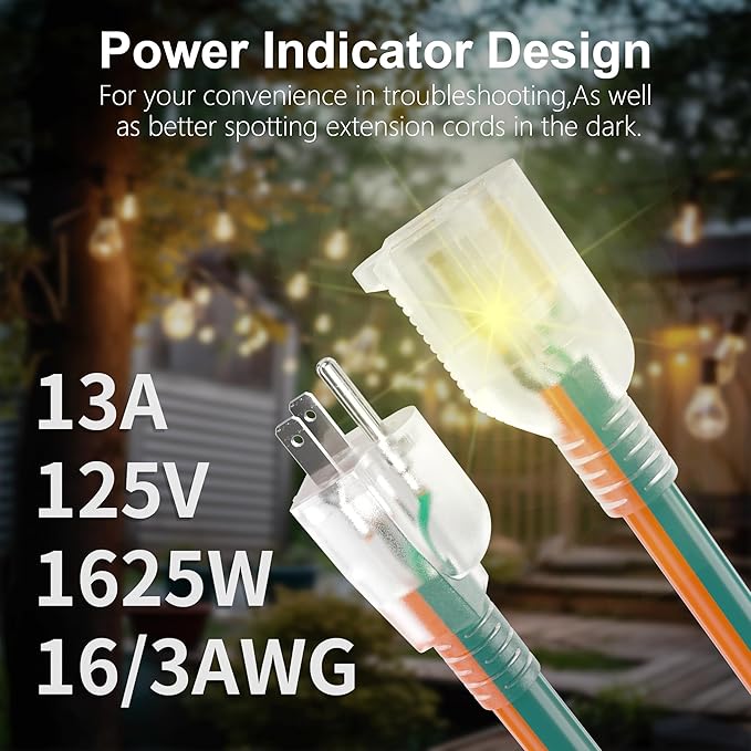 HUANCHAIN 16 Gauge 25 ft Outdoor Extension Cord with Lighted End, Flexible Cold-Resistant 3 Prong Electric Cord Waterproof Outside, 13Amp 1625W 16AWG SJTW, Orange Green, ETL