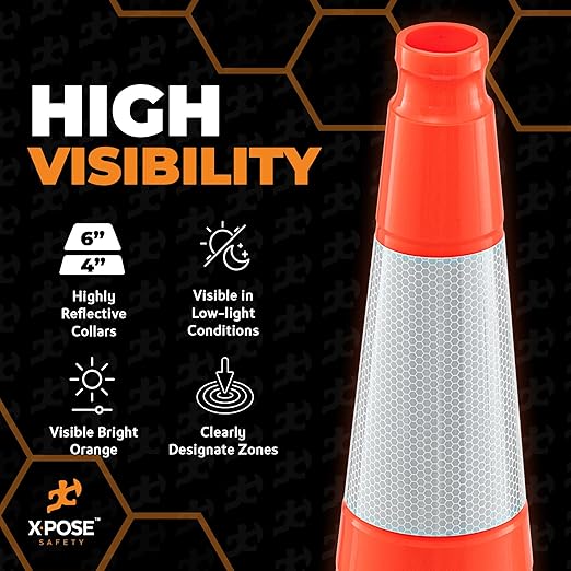 Xpose Safety 36 Inch Orange Slim Line Traffic Cones with 6" & 4" Collars, 48 Pack Multipurpose PVC Plastic Safety Cone for Parking, Soccer, Caution, Kids & Construction - DOT Approved