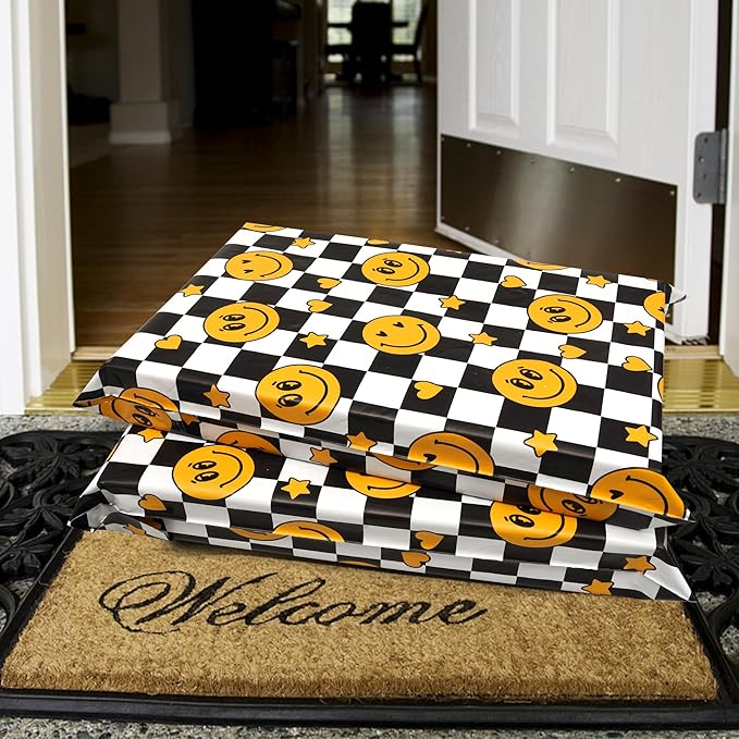 Poly Mailers 12x15.5 Inch 50 Pcs - Smiles Checkerboard Printed Shipping Bags,Waterproof and Tear Resistant Mailing Envelopes, Self-Sealing Packaging Bags for Small Business