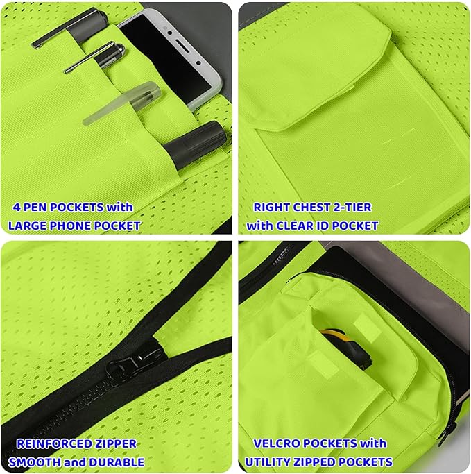 BeautyWill Custom Logo Safety Vest Mesh High Visibility Reflective Vest Customized Logo Utility Zipped Pockets Construction Workwear （Yellow,3XL）
