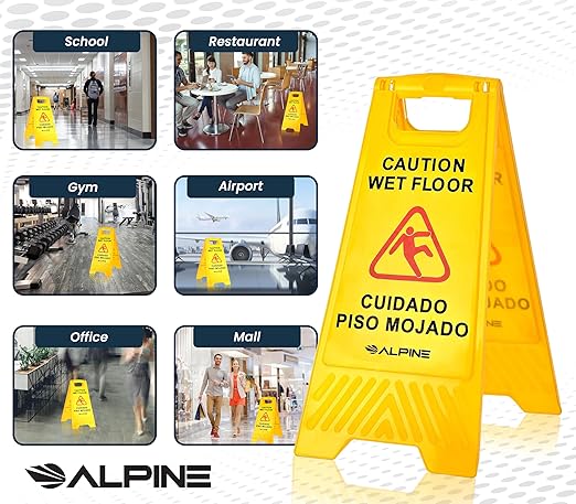 Alpine Caution Wet Floor Sign, 24 Inch High Visibility Yellow Slippery When Wet Sign - Bilingual Safety Warning Sign to Easily Avoid Slippery Accidents in Businesses & High Traffic Areas