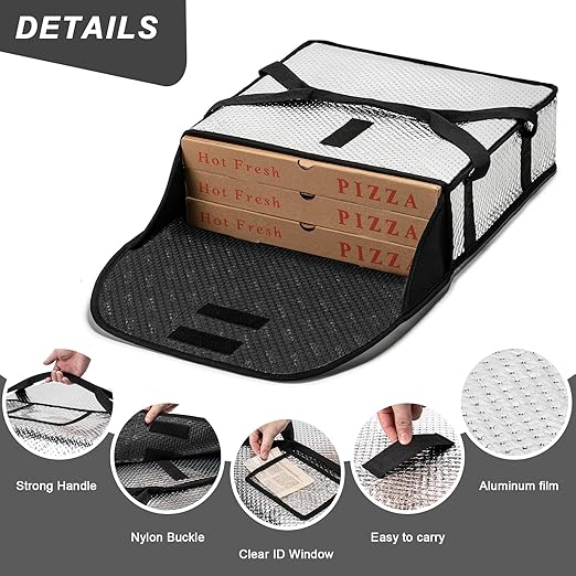 Pizza Bags for Delivery 20" X 20" X 5" - Moisture-Free, Professional Thermal Pizza Warmer, Heavy-Duty Food Carrier, Suitable for Restaurants,Picnic Uber Eats & Door Dash（ Silver）