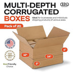 Multi-Depth Corrugated Shipping Boxes, 14"L x 12"W x 6"H, 20-Pack - USA-Made Boxes for Moving, Storage & Small Business Packaging - Heavy-Duty Cardboard Bines for Household & Office by IDL Packaging