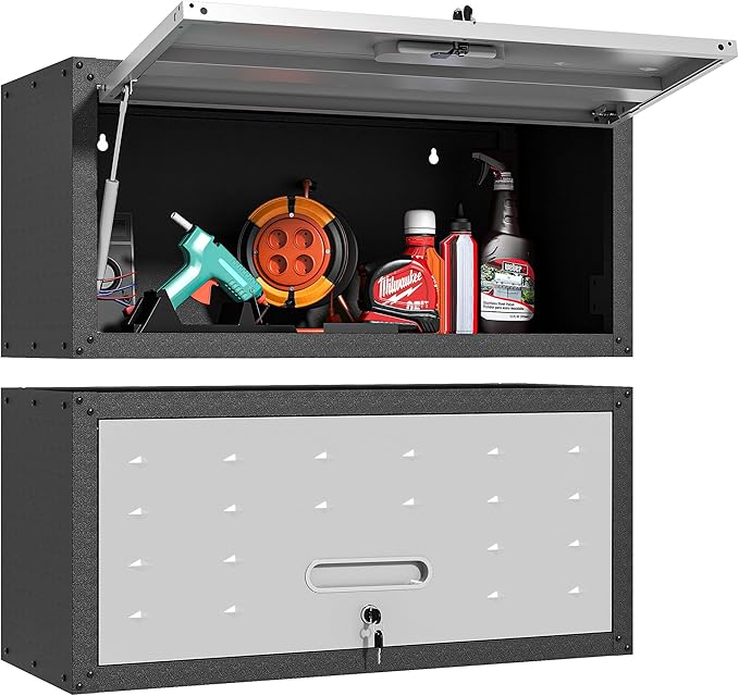 Garage Wall Cabinet with Flip-Up Door, Lockable Metal Storage Cabinet Wall Mounted, Hanging Tool Cabinet for Garage Basement Utility Room (Black &Grey)