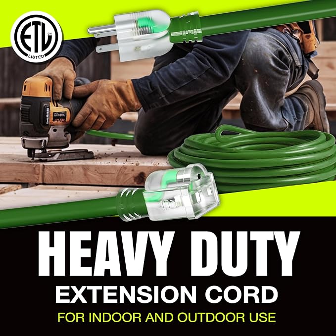 3ft Outdoor/Indoor Extension Cord 10/3 Gauge Ultra Heavy Duty 3 Prong SJTW, Waterproof, ETL Listed, Flexible Cold-Resistant Long Power Cord,15A 125V 1875W, Green by LifeSupplyUSA