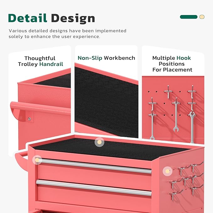 Greenvelly 8-Drawer Rolling Tool Chest, Metal Tool Chest with Wheels, Tool Cabinet with Detachable Top Tool Box, Metal Tool Cart with Liner & Hooks for Garage, Workshop, Warehouse (Pink)