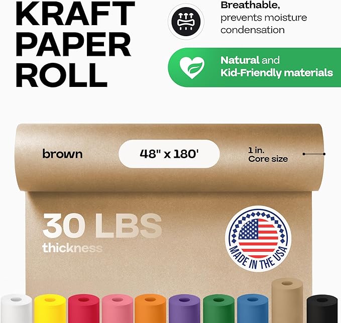 IDL Packaging Brown Kraft Paper Roll 48" x 2160" (180 feet), 30lb Thickness - USA-Made Brown Wrapping Paper for Packing, Moving, Shipping, Crafts, Arts, Party - 100% Recycled Gift Wrap Material
