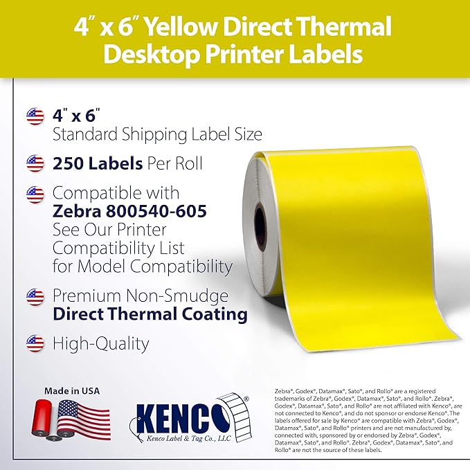 4" X 6" Direct Thermal Perforated Stickers Labels for Shipping Labels, Inventory, and Color Coding - Compatible with Zebra, Rollo, Godex and More (Yellow, 12 Rolls)
