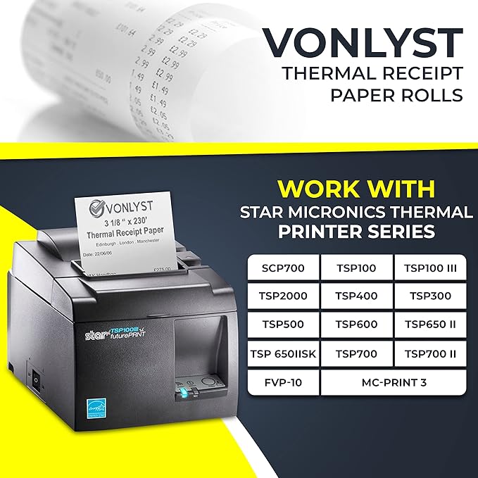 Receipt Paper Roll 3 1/8 x 230 for Square Register and Square POS System connected to Star Micronics Thermal Printer (Pack 12 rolls)