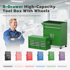 Greenvelly 8-Drawer Rolling Tool Chest, Metal Tool Chest with Wheels, Tool Cabinet with Detachable Top Tool Box, Metal Tool Cart with Liner & Hooks for Garage, Workshop, Warehouse (Green)