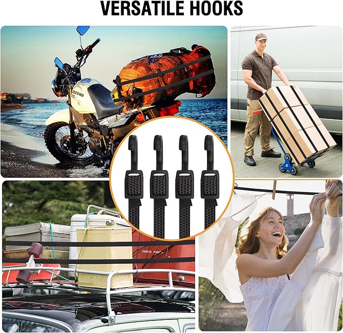 Bungee Cords, Flat Adjustable Bungee Cords with Hooks Heavy Duty 48 Inch, Elastic Rubber Black Bungee Straps with Buckle Hooks for Outdoor, Camping, Tarps, Bike Rack, Tent, Truck, 6 Pack