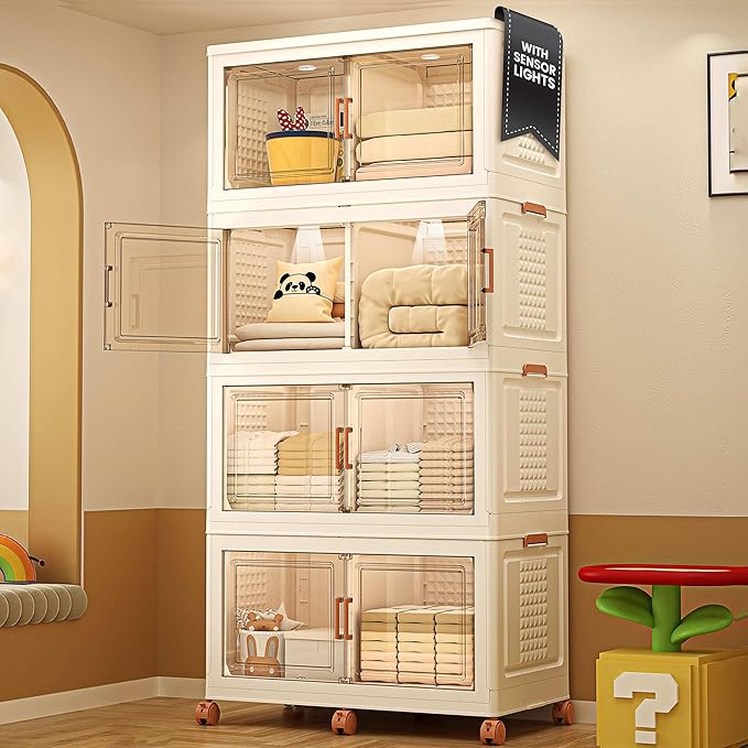 FINCHESCLUB 752QT Extra Large Stackable Storage Bins with Lids, 188Gal Foldable Storage Bins with Doors and Wheels, Collapsible Closet Organizers for Home Office, Christmas Gifts - 4 Pack - Off White