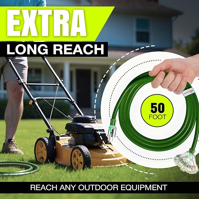 50ft Outdoor/Indoor Extension Cord 3-Outlet 12/3 Gauge Extra Heavy Duty ETL Listed, 3 Prong SJTW, Waterproof, Flexible Cold-Resistant Long Power Cord,15A 125V 1875W, Green by LifeSupplyUSA