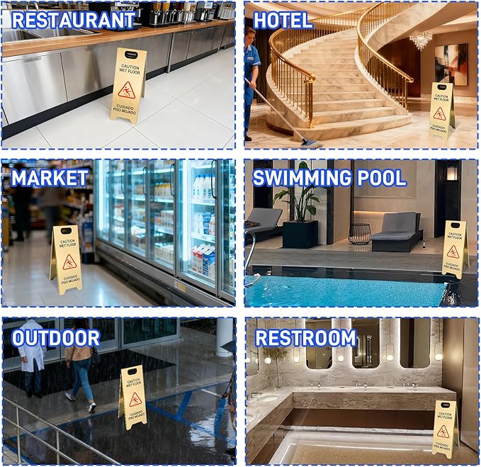 2 Pack Stainless Steel Wet Floor Sign, 24 Inch Caution Wet Floor Sign Portable Foldable Bilingual Safety Warning for Hotel Market Restroom Restaurant Office (Gold)