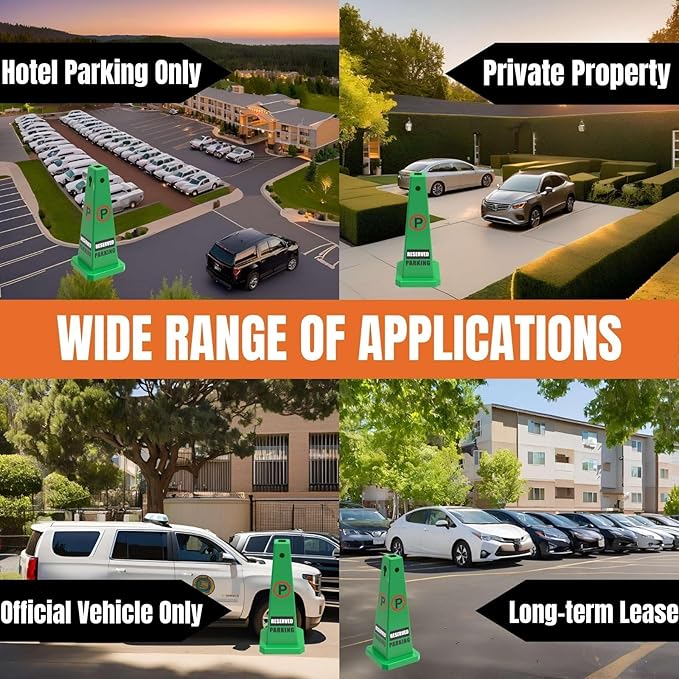 Reserved Parking Sign, 26.4-Inch Green Plastic Cone, High-Visibility, Weatherproof, Slip-Resistant Base, Stackable, Indoor Outdoor Parking Control - 4 Pack