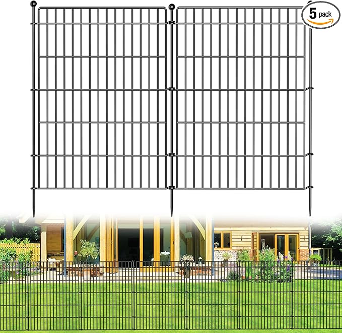 5 Panels No Dig Garden Fence Animal Barrier, 44in(H) × 11.8ft(L) Decorative Metal Outdoor Dog Fence, Rustproof Pet Fencing for Yard, Patio, Flower Bed -Temporary Fencing| Easy to Install