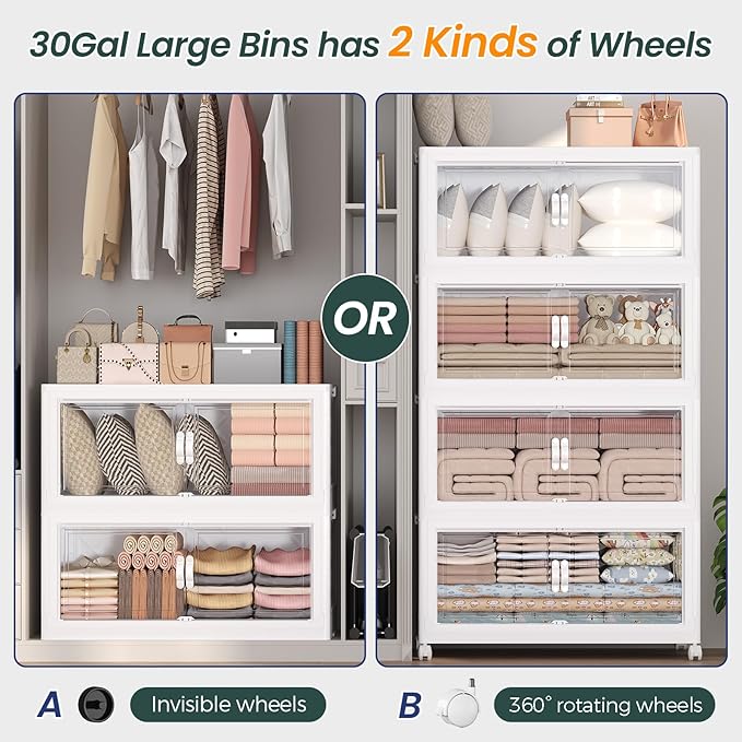 600QT Extra Large Stackable Storage Bins with Lid, 150Gal Collapsible Closet Organizer Box with Wheels, Folding Plastic Storage Cabinet with Doors for Home Kitchen Office Dorm, 5Pack White