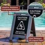 Premium Outdoor Composite Caution Wet Floor Sign – Bilingual w/Non-Skid Plastic Feet, Black Plate – For Hotels, Schools, Offices, Areas, Restrooms, Pool Decks - Grey (2 Pack)