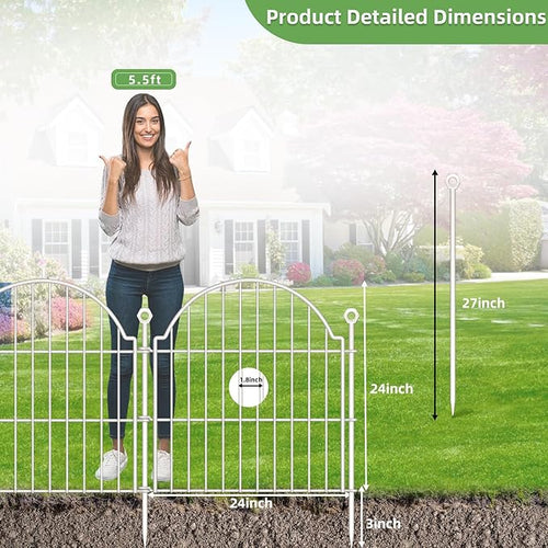 10 Panels No Dig Decorative Garden Fence for Yard, 24in (H) x 20ft (L) Rustproof Metal Wire Panel Border Animal Barrier Fencing for Dog, Rabbits, Flower Bed Edging Ornamental with Ground Stake, White