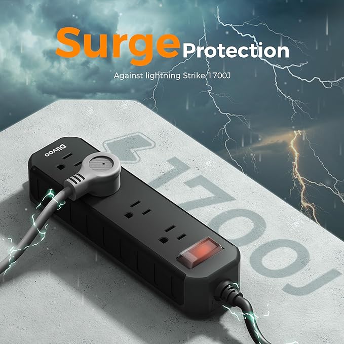 Outdoor Power Strip Weatherproof, 50 FT Extension Cord, Diivoo Waterproof Surge Protector with 4 Outlets, 1250W Shockproof Overload Protection, Flat Plug, Wall Mountable, Black