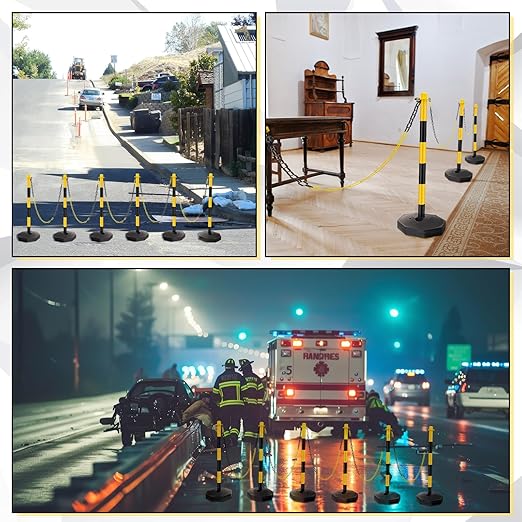 Konohan 12 Sets 34 Inch Parking Cone Delineators Post Traffic Cone Plastic Stanchion Set Stands Parking Barrier with Base 6.6 ft Chain S Hooks Reflective Collar (Yellow,Black)