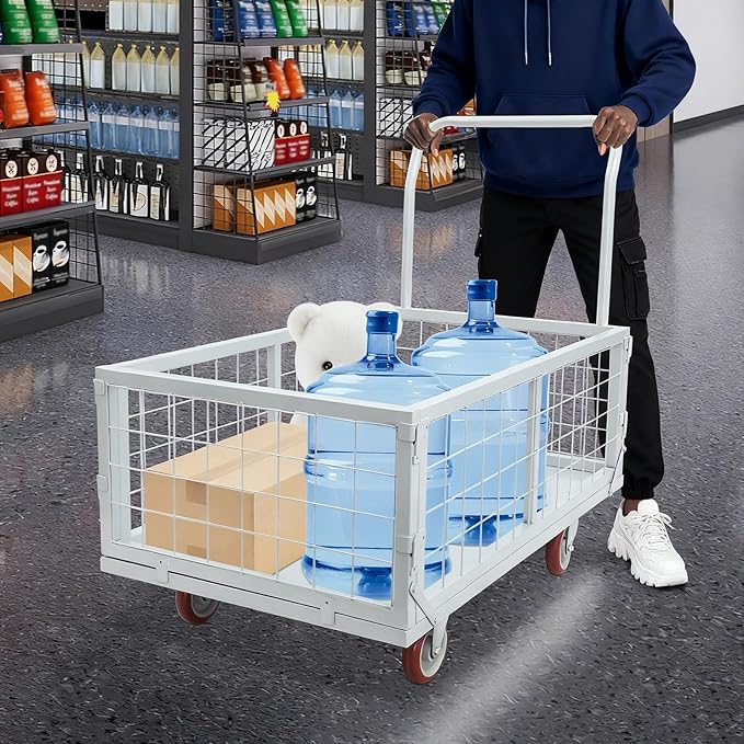 4-in-1 Platform Truck Foldable Push Cartplatform Truck with Cage 2200 lbs, Heavy Duty Moving Platform Hand Cart with 4 Wheels & Brakes, Convertible Warehouse Push Dolly for Workshop Logistics, Silver
