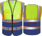 High Visibility Safety Reflective Vest with Pockets and Zipper Construction Hi Vis Work Vest(Yellow/Blue L)