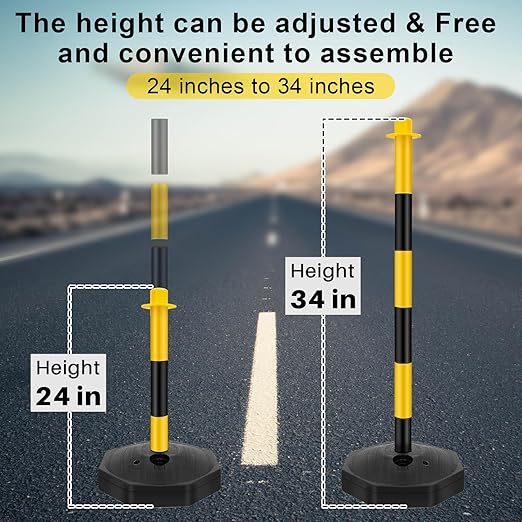 Konohan 2 Sets 34 Inch Parking Cone Delineators Post Traffic Cone Plastic Stanchion Set Stands Parking Barrier with Base 6.6 ft Chain S Hooks Reflective Collar (Yellow,Black)