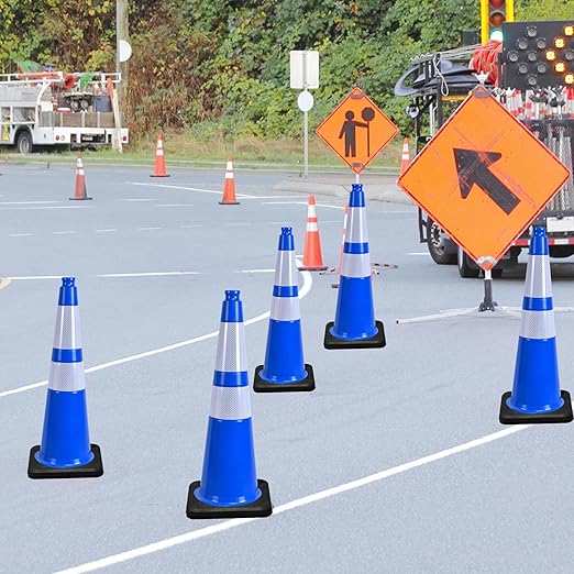 OrangeStar 28" Traffic Cones 8-Pack Blue Safety Cones with Reflective Collars, Heavy Duty Base for Construction, Parking Lot, Road Work, Flexible PVC, Indoor & Outdoor Use