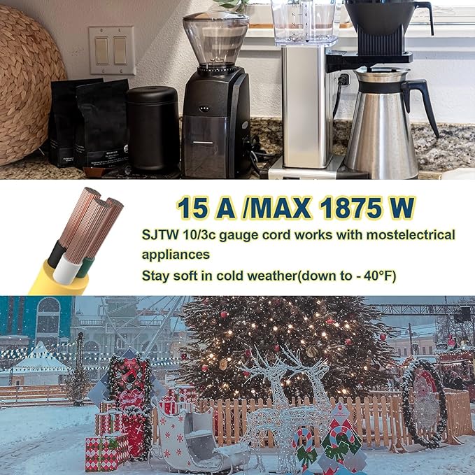 EP 50 Ft Lighted Outdoor Extension Cord - 10/3 SJTW Heavy Duty Yellow Extension Cable with 3 Prong Grounded Plug for Safety, UL Listed