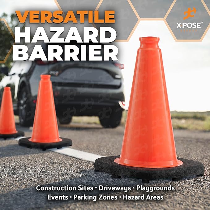 Xpose Safety 12 Inch Orange Traffic Cones, 48-Pack - Multipurpose PVC Plastic Safety Cone for Parking, Soccer, Caution, Kids and Construction - DOT Approved