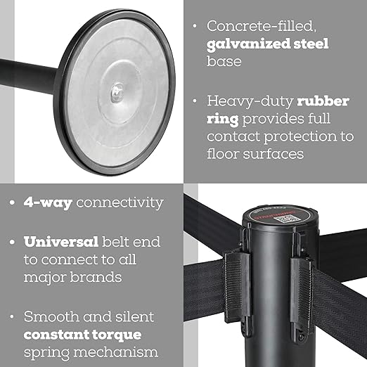 Qbuster Black Stanchions with Retractable Belt, Crowd Control Safety Barrier with 11’ Black Belt, 1 Sign Holder, Set of 2 Posts