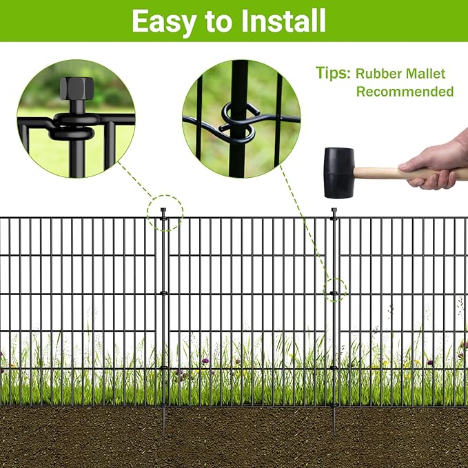 10 Panels No Dig Decorative Outdoor Garden Fence with Gate for Yard, 48 in(H) X 26.25ft(L) Animal Barrier Fencing Rustproof Metal Wire Panel Border for Dog, Rabbits, and Patio Temporary Ground Stakes