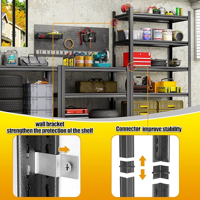 Garage Storage Shelves,4-Tier Metal Shelving Unit, Adjustable, Double-Layer Column with Reinforced Ribs, Heavy-Duty, Capable of Bearing 2400 lbs (16''W*10''D*44''H)