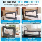TotCraft Flexguard Height & Length Adjustable Bed Rail for Toddlers – Fits Twin, Full, Queen & King Beds – 35.5″ or 59″ Two Fixed Lengths – 14 Height Levels – ASTM Certified Kids Safety Guard (Grey)