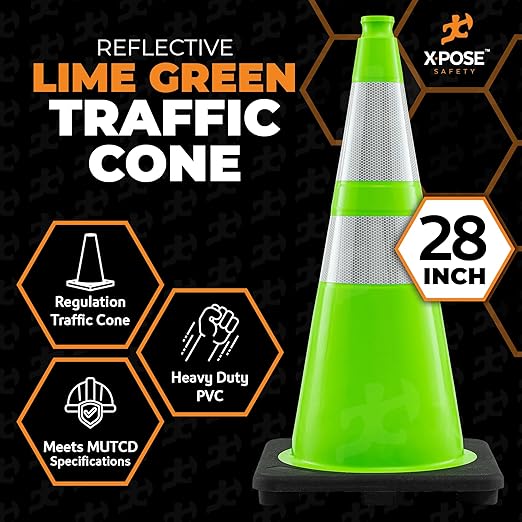 Xpose Safety 28" Lime Traffic Cones 6" & 4" Reflective Collar - Bulk Half Pallet 150 Pack - Premium PVC Safety Cone for Parking, Caution, Construction, Road Crews, Emergency Vehicle - DOT Approved