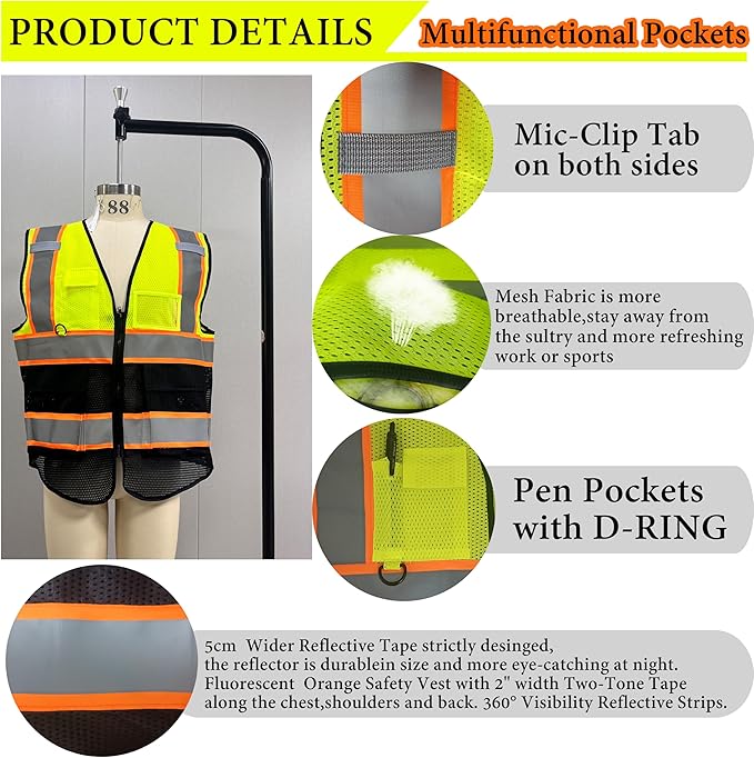 High Visibility Safety Reflective Vest with Pockets and Zipper Construction Hi Vis Work Vest(Yellow/Black L)