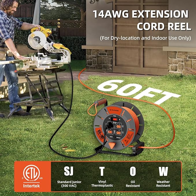 60 FT Retractable Extension Cord Reel, 14AWG SJTOW Heavy Duty Power Cord with 4 Grounded Outlets, USB-A & USB-C Ports, 13A Circuit Breaker, Hand Crank for Indoor Outdoor Use, ETL Listed, Orange