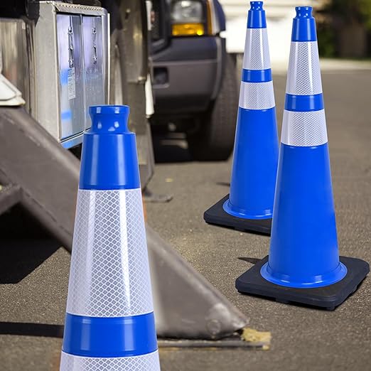 OrangeStar 36" Traffic Cones 6-Pack Blue Safety Cones with Reflective Collars, Heavy Duty Base for Construction, Parking Lot, Road Work, Flexible PVC, Indoor & Outdoor Use