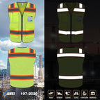 TCCFCCT Reflective Vest 5 Pockets Mesh Safety Vest with Reinforced Zipper, High Visibility Surveyor Work Vest for Men Women with Fluorescent Orange Edge, Durable to Use, Meets ANSI/ISEA,DW-Yellow, 4XL