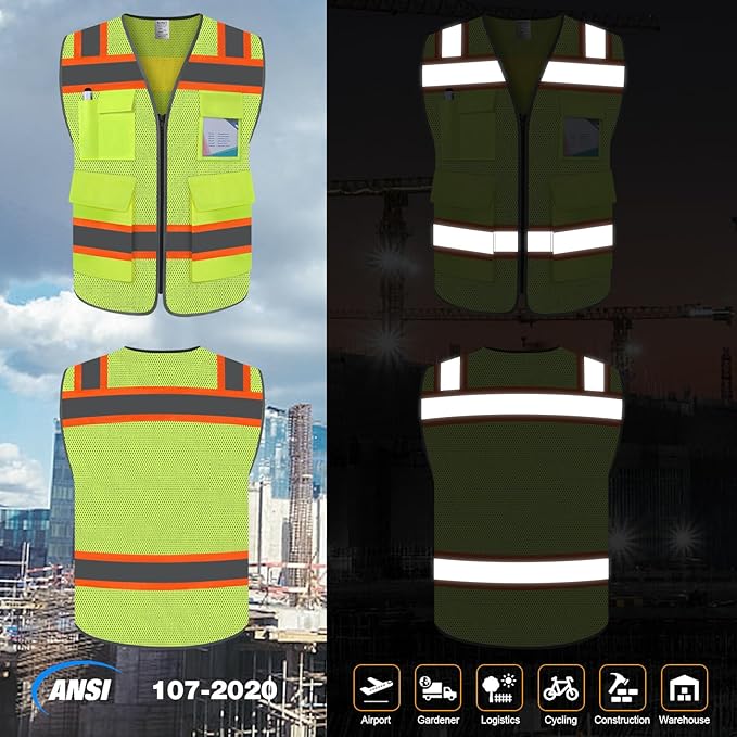 TCCFCCT Safety Vest for Men Women 5 Pockets Mesh High Visibility Reflective Vest with Reinforced Zipper, Durable Construction Work Vest with Fluorescent Orange Edge, Meets ANSI/ISEA, DW-Yellow, 5XL