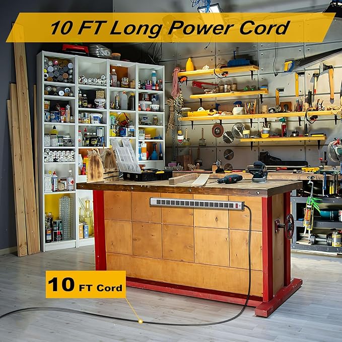10-Pack Long Surge Protector Power Strip,16 Outlet Heavy Duty Power Strip Metal Power Bar,10 FT Long Extension Cord with Circuit Breaker for Garage,Workshop, 125V/1875W, ETL Listed, Silver