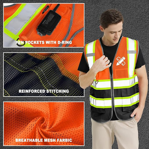 10 Pack Custom Safety Vest Customized Logo Mesh Vest Class 2 High Visibility Reflective Vest with Pockets Workwear（Orange Black，XL ）