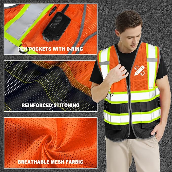 Custom Safety Vest Customized Logo Mesh Vest Class 2 High Visibility Reflective Vest with Pockets Orange Workwear（Orange Black，S ）