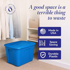 HOMZ 8-Pack Durable Molded Bin, Plastic Storage Containers with Lids, 18 Gallon, Blue - Stackable Organizer Totes and Boxes for Bedroom, Kitchen, and Garage Organization