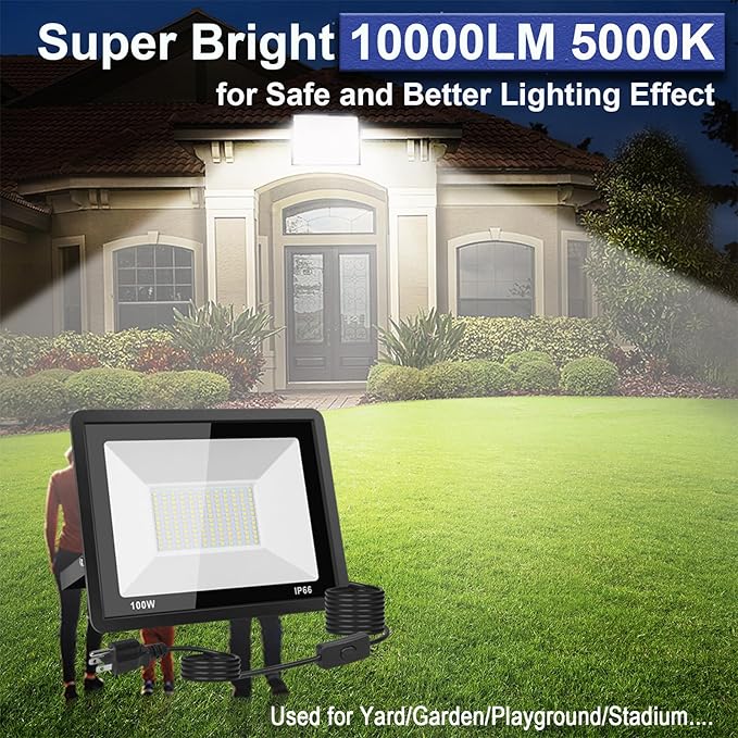 100W LED Flood Light Outdoor, 10000LM Bright Plug-in Flood Lights with Switch, IP66 Waterproof Exterior Security Lights, LED Work Light for Garage, Yard, Garden, Playground, Stadium, Arena