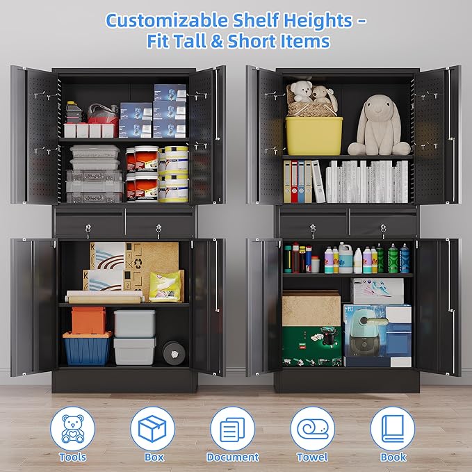 71" H Metal Garage Storage Cabinet with Pedboard and Adjustable Shelves,Metal Tool Storage Cabinet with 2 Drawers for Garage, Warehouse,Utility Room,Assembly Required,Black